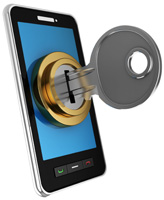 Photo of a smartphone with a lock & key.
