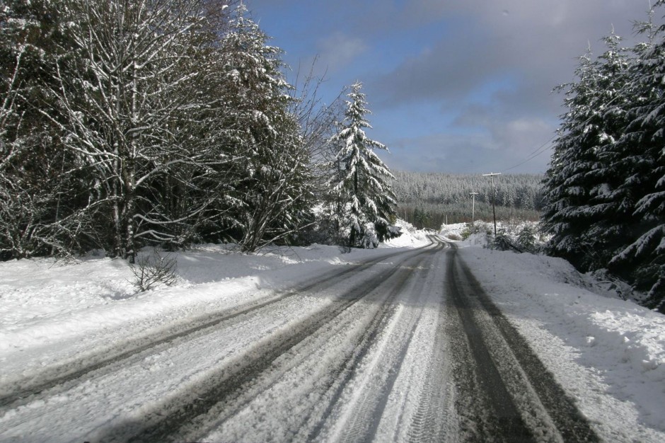 A mountain road covered in snow.