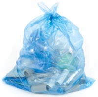 Photo of blue bag with recycling in it.