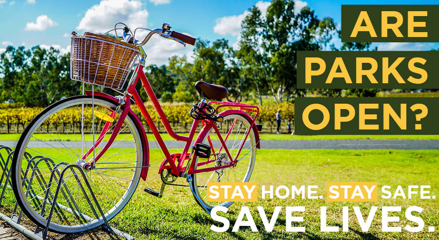 Picture of bicycle, text: Are Parks Open?