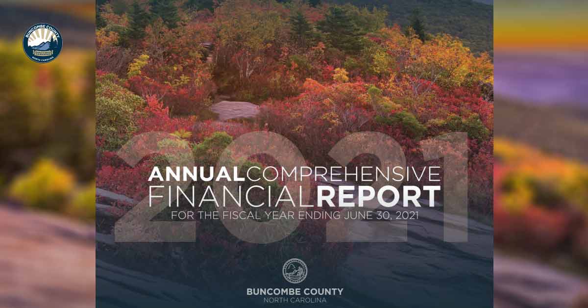 Blue Ridge Mountains with a graphic overlay that says comprehensive annual financial report