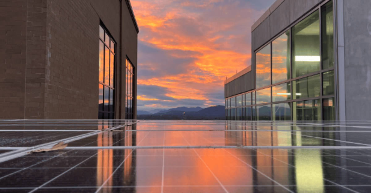Close up of solar panels on the HHS building roof at sunset