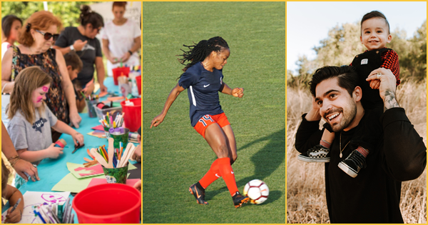 Child painting, young adult playing soccer, and family smiling