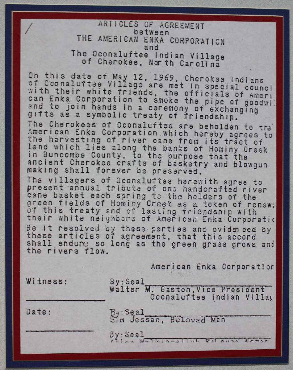 Agreement between the Oconaluftee Indian VIllage of Cherokee, North Carolina and the American Enka Corporation (courtesy of Revitalization of Traditional Cherokee Artisan Resources)