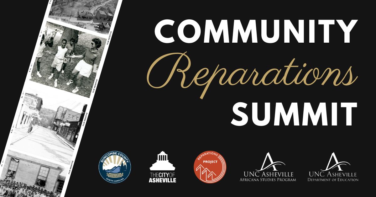 a black background with historic photos and headline that says Reparations Summit