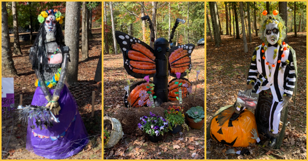 Sugar Skull, Butterfly, and Beetlejuice scarecrows