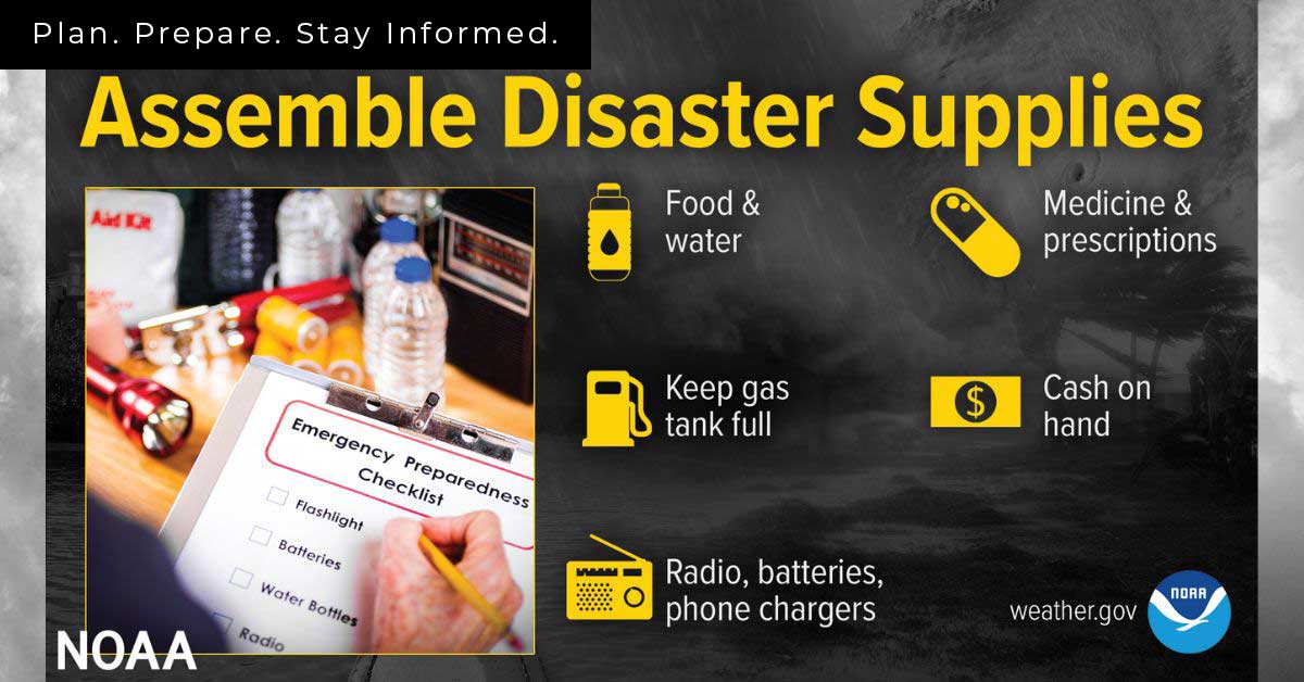 Assemble disaster supplies graphics with icons.