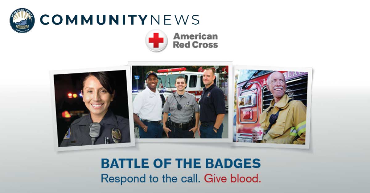 First responders are giving blood and graphics stating the Battle of the Badges Blood Drive