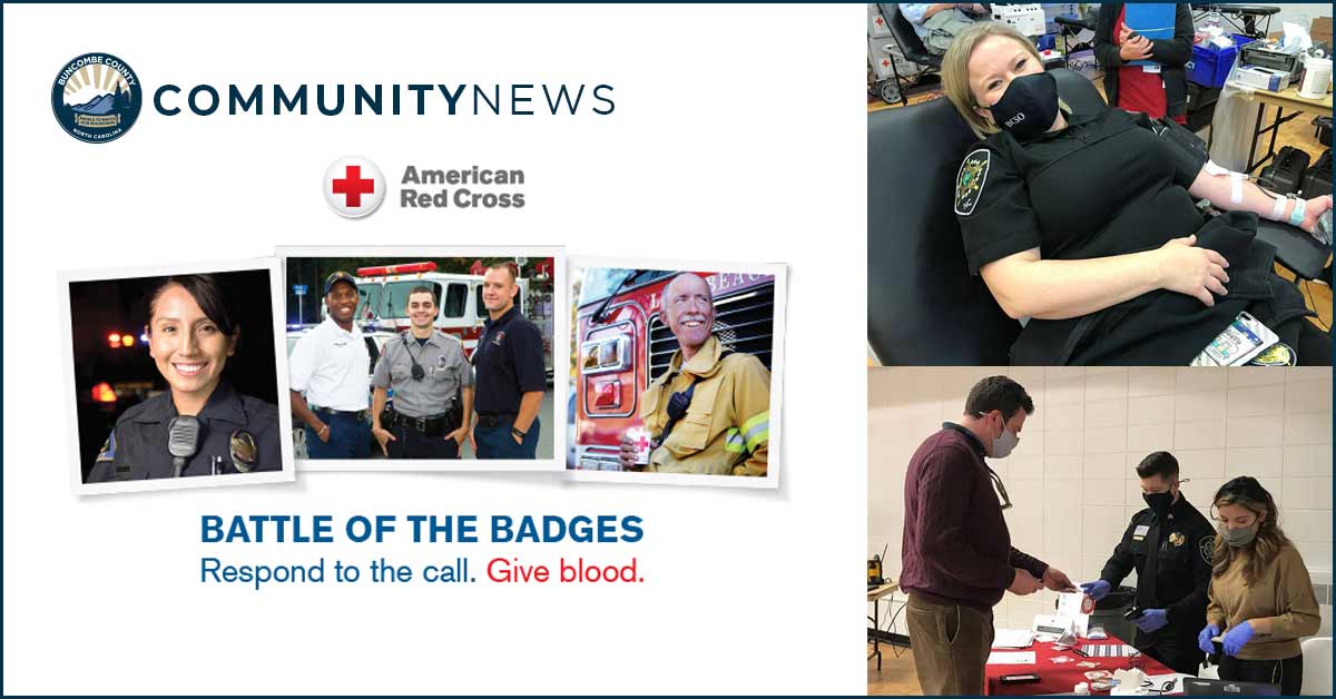 First responders are giving blood and graphics stating the Battle of the Badges Blood Drive