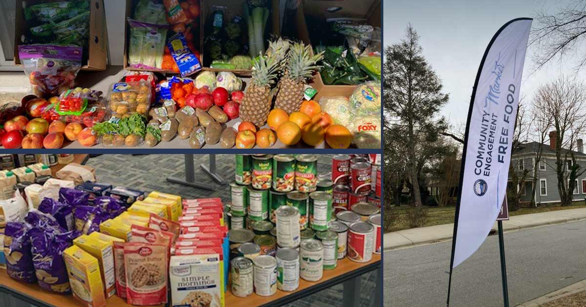 a collage of food offered at Buncombe County markets/ and a feather flag