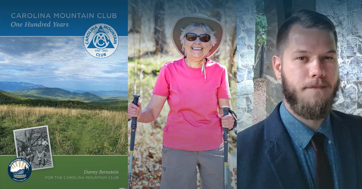 a book cover, photo of a woman hiking and a man in a suit