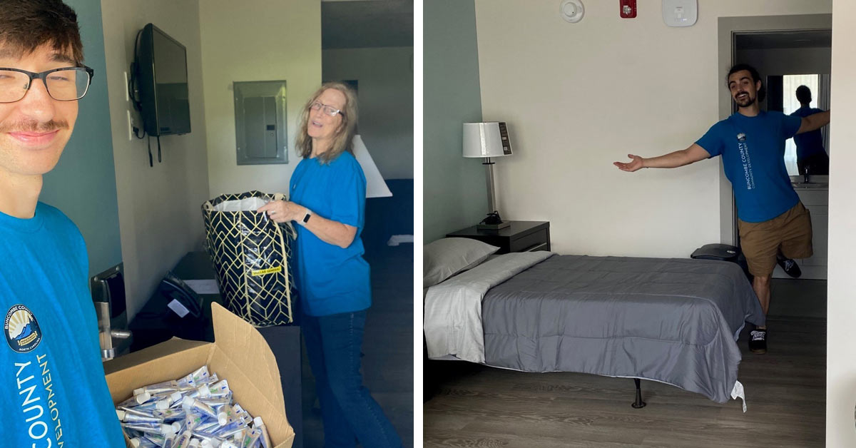 Dylan Casper, Nancy Williams and Jake Ekberg volunteer at Compass Point Village.