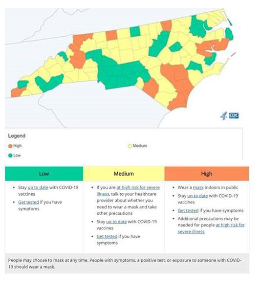 a map of COVID levels across North Carolina -levels are low-medium-high