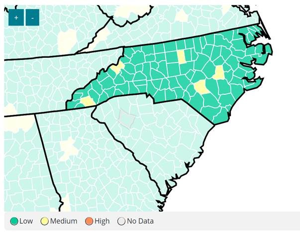 map of community levels Buncombe County is low