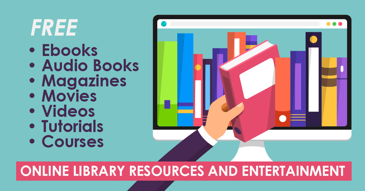 Five resources from the virtual library include ebooks, audio books, magazines, movies, and tutorials