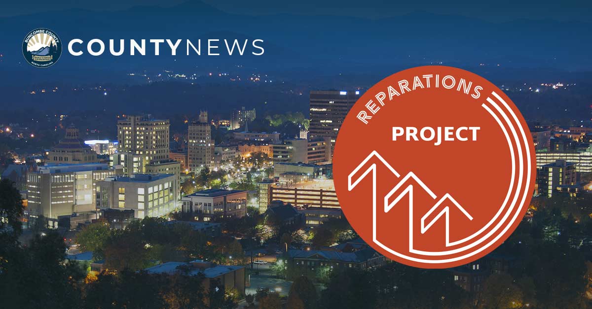 a photo of the Asheville skyline at night with the reparations logo