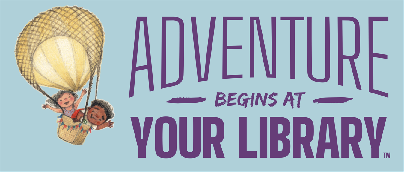 Adventure Begins at Your Library! - Illustration of kids flying in hot air ballon.